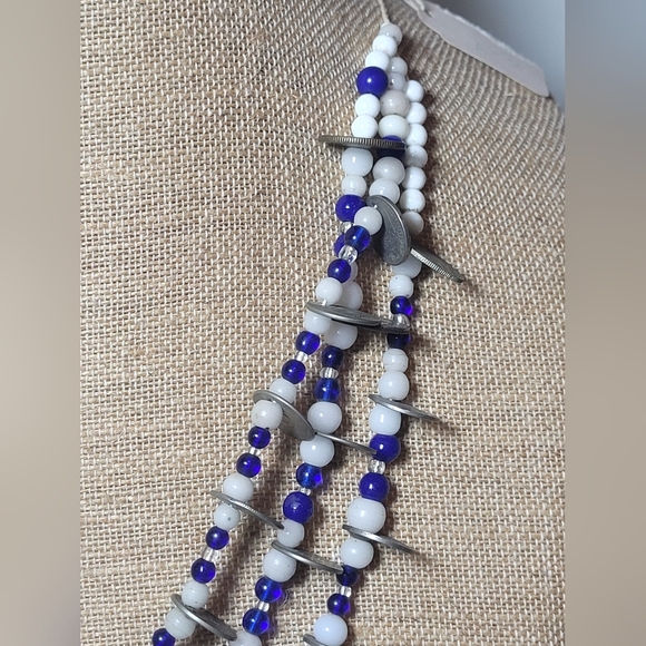 Otavalo 3 Strand Trade Bead Glass & 5 Centavo Coins Necklace Blue & White 24" - Picture 8 of 14
